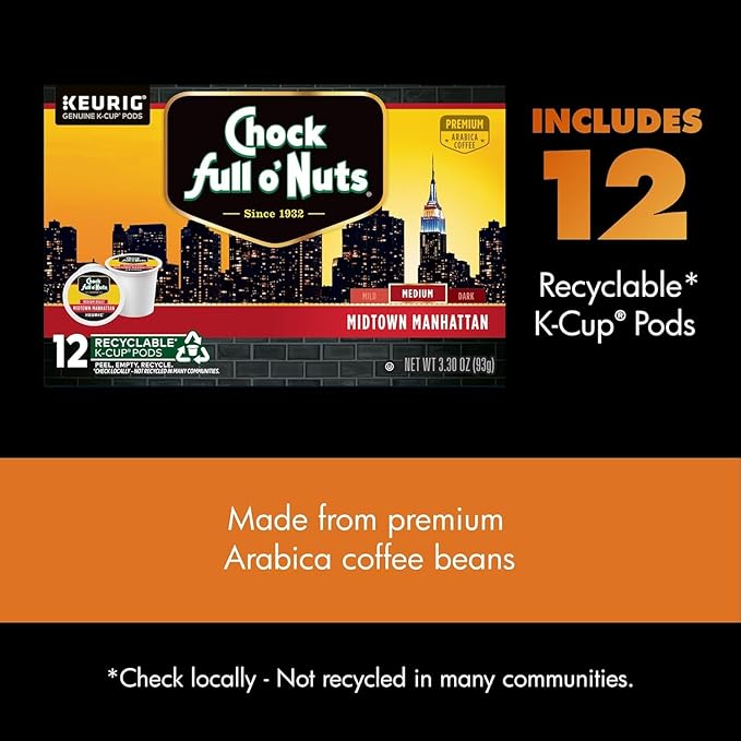 Chock Full o' Nuts Midtown Manhattan Keurig K-Cup Pods for Keurig Brewers – Premium Arabica, Medium Roast – Single Serve – 6 Packs of 12 K-Cup Pods