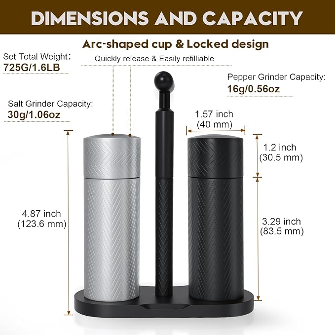 ARKNOAH Tabletop Manual Pepper and Salt Grinder 2-Pack Set, Refillable Adjustable Coarseness, Dual Stainless Steel Blades & Ceramic Cores, Portable Home & Commercial Grinding Settings