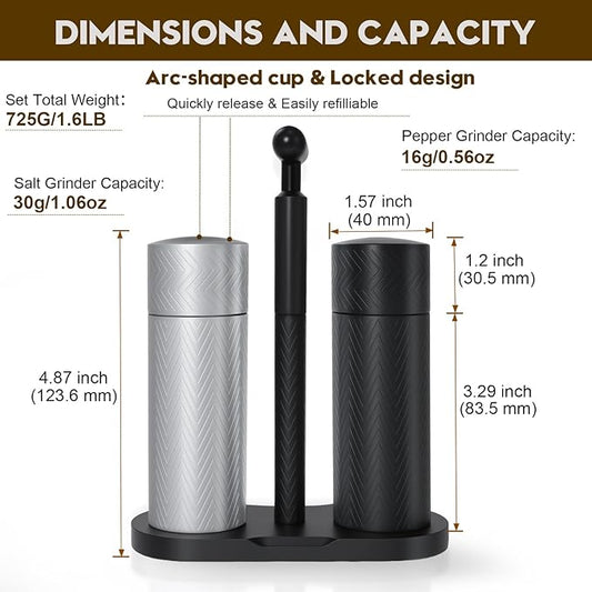 ARKNOAH Tabletop Manual Pepper and Salt Grinder 2-Pack Set, Refillable Adjustable Coarseness, Dual Stainless Steel Blades & Ceramic Cores, Portable Home & Commercial Grinding Settings