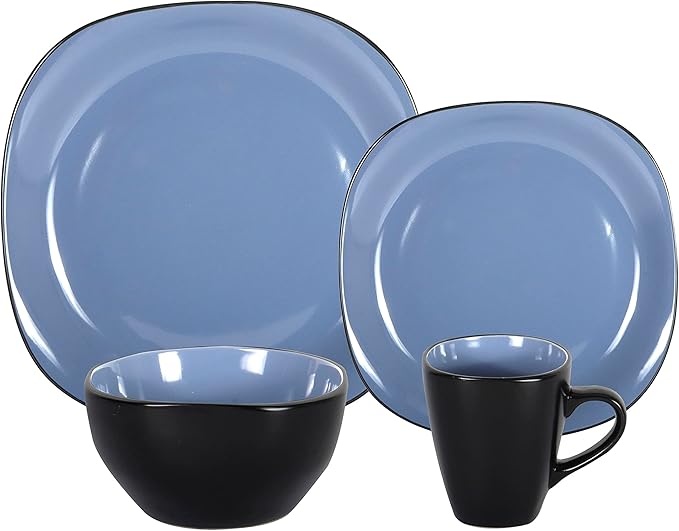 Stoneware Square 16pc Dinnerware Set, Inside Shiny Blue + Outside Matte Black