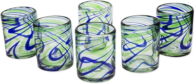 NOVICA Artisan Handblown Recycled Tumbler Drinkware | Rocks Glass Handmade Mexico Drinkware Tumbler | Handcrafted Blown Glass Rocks Blue Green Swirls | Eco-Friendly Drinking Glasses | 10 oz | 'Elegant