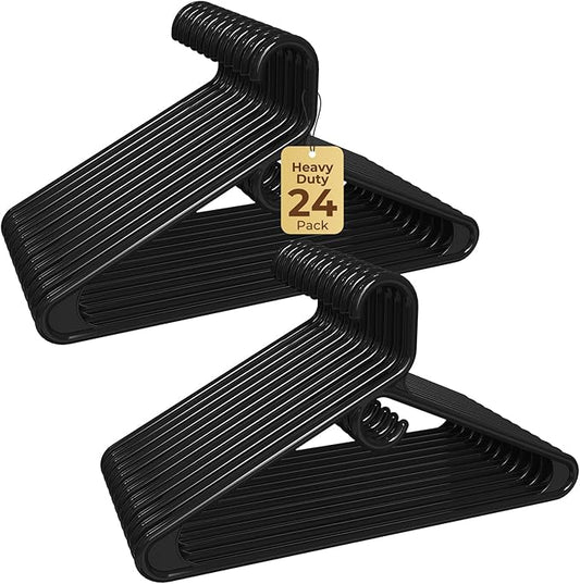 HOUSE DAY Quality Plastic Clothes Hangers 24 Pack – Super Heavy Duty 20lb Capacity Thick Strong Closet Hangers Black for Adult Clothing – Durable for Coats, Jackets, Jeans, Pants