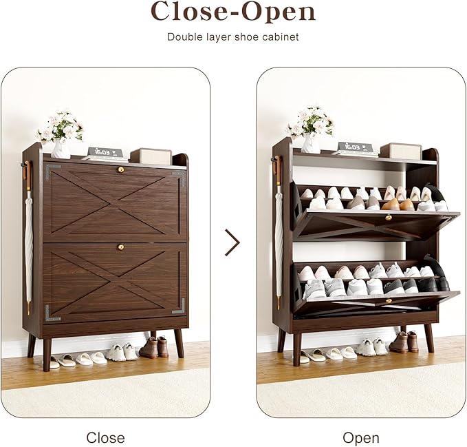 Shoe Storage Cabinet with 2 Flip Drawers & Adjustable Shelves,Narrow Shoe Cabinet Storage with Doors Side Hooks Wooden Shoe Rack Cabinet for Entryway,Hallway,Rustic Brown