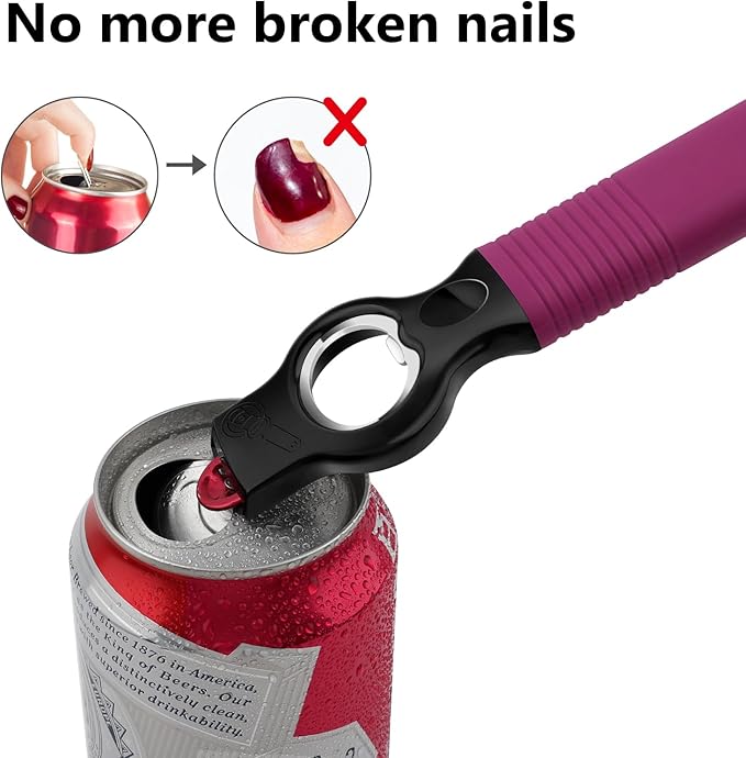 2-Pack Magnetic Beer Bottle Opener & Soda Can Opener, 2-in-1 Bottle Opener and Can Tab Opener Tool for Bartender, Long Nails, Arthritis, Seniors, Silicone Handle with Build in Magnet - Rosy