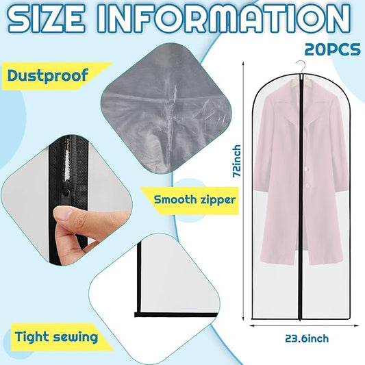 Amylove 20 Pcs 72/60/40 Inch Clear Garment Bags for Hanging Clothes, Dress, Gown, Coat & Suit Storage Bags with Zipper - Dustproof Cover for Closet Clothes Storage Travel(24 x 72 Inch)