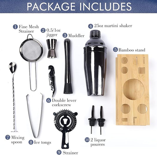 11Pcs-Cocktail Shaker Set Black Bartending Kit 25oz Cocktail Bar Set Cocktail Mix Drink Making Kit Professional Bar and Home Drink Bar Tools for Bartender（Gun-Metal Black）