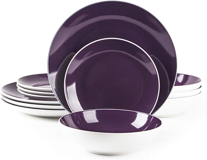 Stoneware Coupe Shape 12pc Dinnerware Set, Outside White + Inside Violet