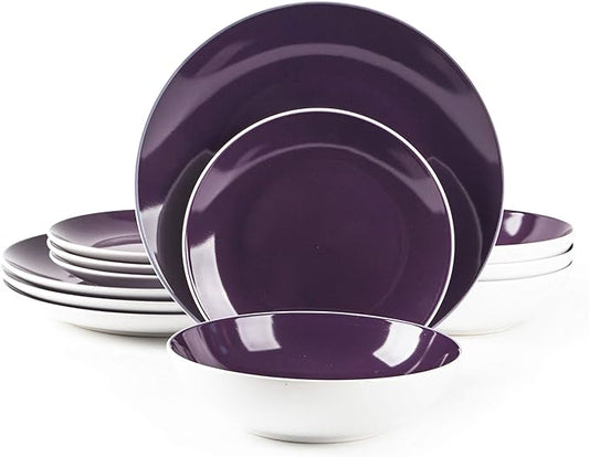 Stoneware Coupe Shape 12pc Dinnerware Set, Outside White + Inside Violet