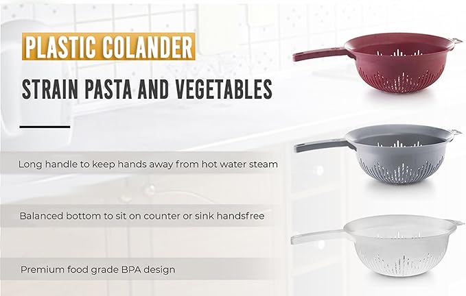 YBM Home 9.75 Inch Plastic Strainer Colander with Long Handle – Made of Food Safe BPA-Free Plastic - Use for Pasta, Noodles, Spaghetti, Vegetables and More 31-1130-white (1, White)