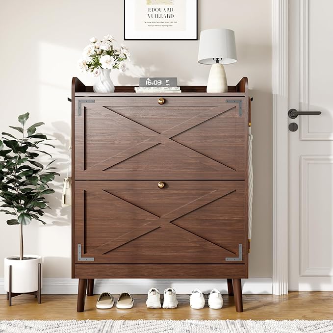 Shoe Storage Cabinet with 2 Flip Drawers & Adjustable Shelves,Narrow Shoe Cabinet Storage with Doors Side Hooks Wooden Shoe Rack Cabinet for Entryway,Hallway,Rustic Brown
