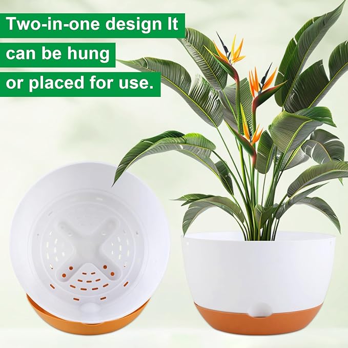 8/8/10/12 Inch Pots for Indoor Plants, 4 Pack Large Self Watering Planters with Drainage and Saucers, Plastic Outdoor Flower Pot(White)