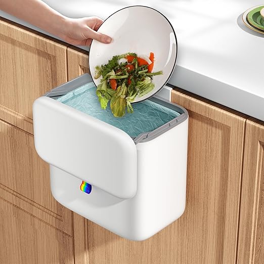 Compost Bin Kitchen for Countertop or Under Sink, 2.6 Gallon Hanging Small Trash Can with Lid, Garbage Can for Cabinet Door, Indoor/outdoor Food Waste Bin for Kitchen, Bathroom, RV, Office, White