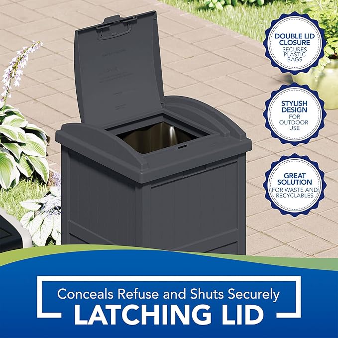 Suncast Outdoor Trash Hideaway, Resin Refuse Container w/ Lid, Cyberspace, 30 Gallon Capacity - Stylish Concealed Waste Storage for Patio, Backyard, Deck or Garden, Use 30-33 Gal. Garbage Can Liners