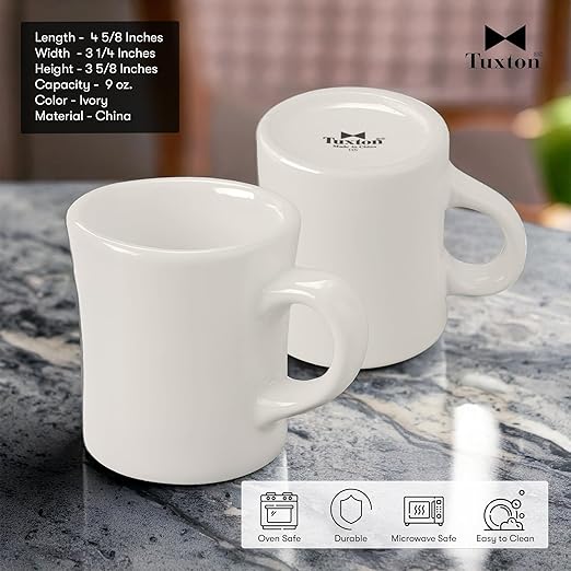 Tuxton China BEM-090B Diner Mug, 9 oz., 3-3/8" Diameter x 3-3/4"H, Microwave and Dishwasher Safe, Oven Proof, Fully Vitrified, Ceramic, DuraTux, American White/Eggshell, Pack of 24