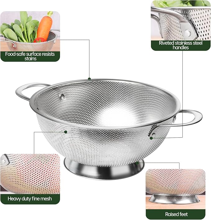 Premium Stainless Steel Colander for Kitchen, Food Strainer Basket with Handle and Solid Ring Base for Fruits Vegetables Rice and Pasta, Dishwasher Safe (5QT)