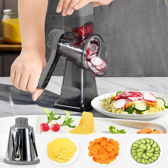 Cheese Grater with Handle,Multifunctional Rotary Cheese Grater,Kitchen Cheese Shredder Can Easily Chop Vegetables,Potatoes,Carrots,Etc.The Suction Cup is Stable and Easy to Clean (gray)