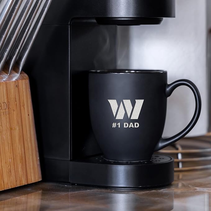 Rico Industries NFL Football #1 Dad 15oz Laser Engraved Matte Black Ceramic Bistro Mug - for Hot or Cold Drinks