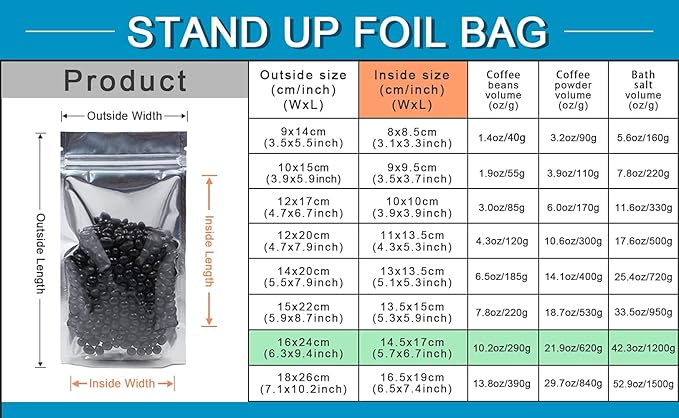 FERENLI 300 Pieces Stand Up Clear Front Zipper Lock Resealable Aluminum Mylar Foil Plastic Packaging Bag for Zip Heat Seal Package Lock with Tear Notch Long Term Food Storage 6.3x9.4 inch
