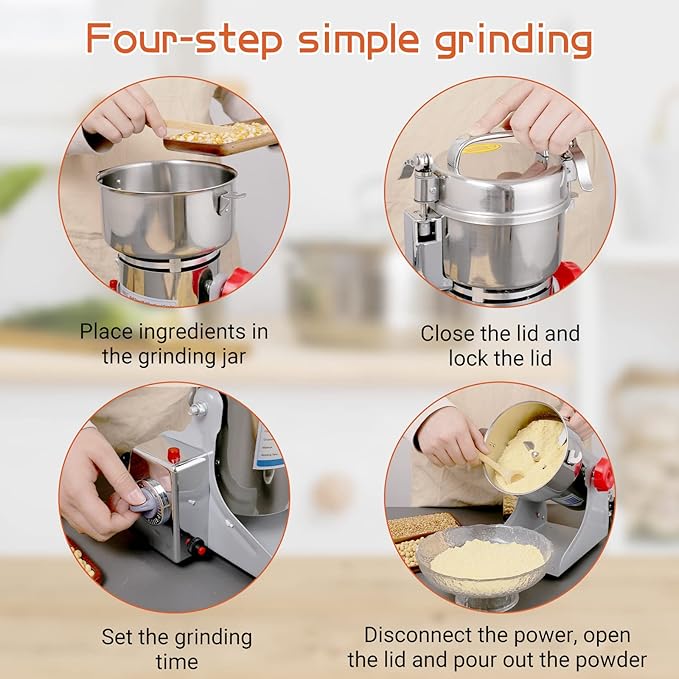 Electric Grain Mill Grinder 800g High-speed Grain Spice Herb 1800W Dry Grinding Machine 304 Stainless Steel Superfine powder High-speed Grain Mill 36000r/min for Kitchen Home and Commercial