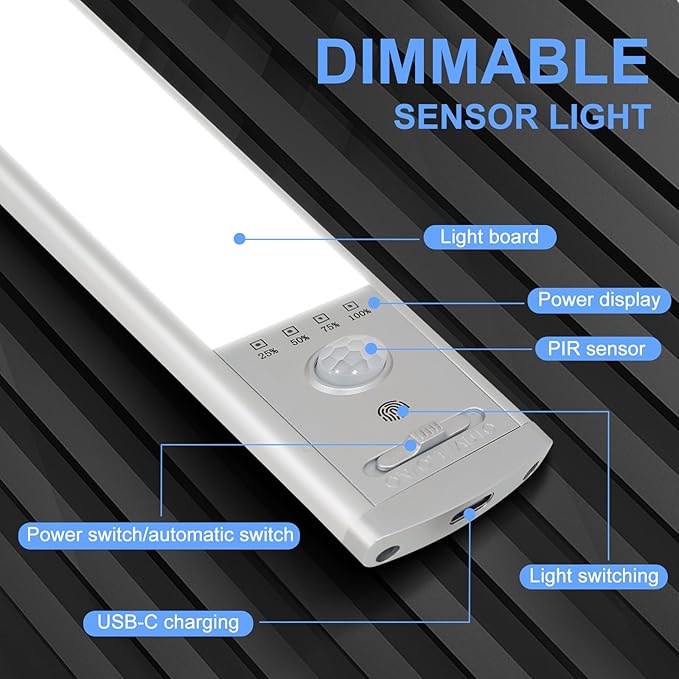 Under Cabinet Lighting, 2Pack Motion Sensor Light Indoor with 3 Color Temps, Rechargeable Under Counter Lights for Kitchen,Dimmable Closet Lights Battery Operated, 76 LED Motion Sensor Light Indoor