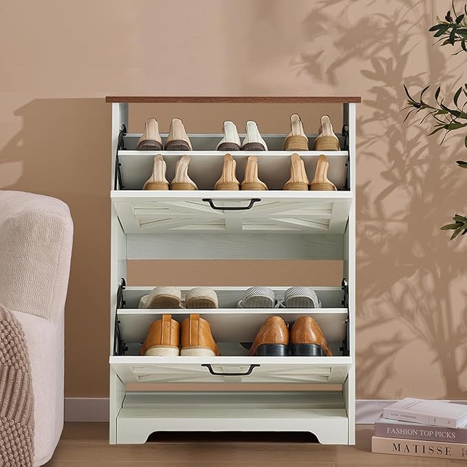 Shoe Storage Cabinet with Bench, Farmhouse Shoe Organizer with Barn Door Design, Space-Saving Hidden Narrow Shoe Rack Cabinet for Entryway, Hallway & Foyer，White