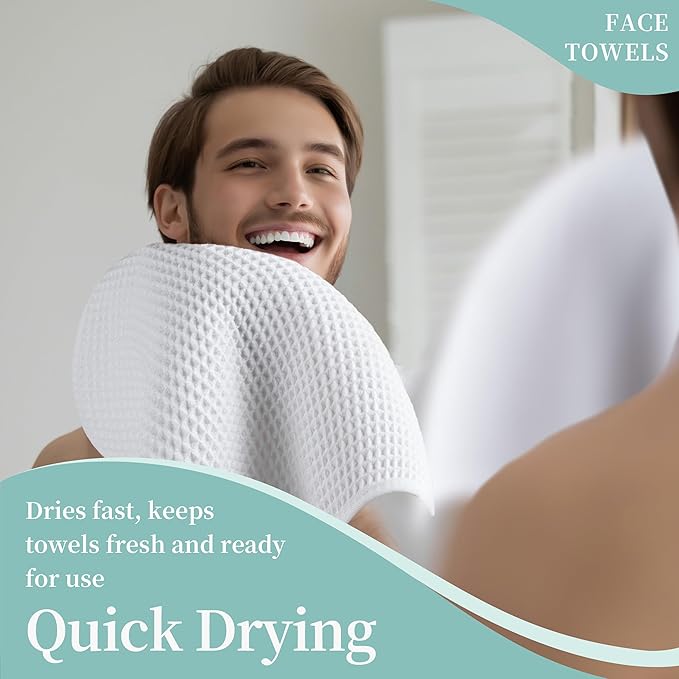 Microfiber Waffle Face Towels, 4 Pieces, Soft, Absorbent, Fast Drying, Lint Free (White)