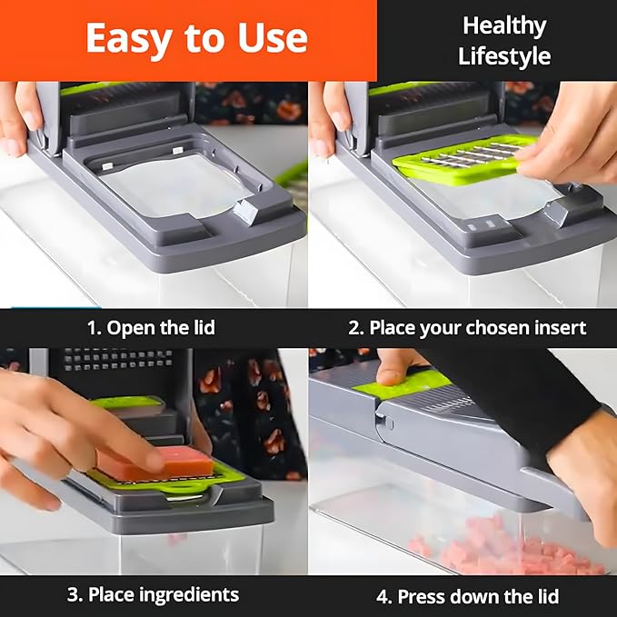 16-IN-1 Effortless Press-Handle Food Chopper with Thick ABS Container – Anti-Jam Design, Comfortable Grip, Veggie Cutter That Saves Your Wrists