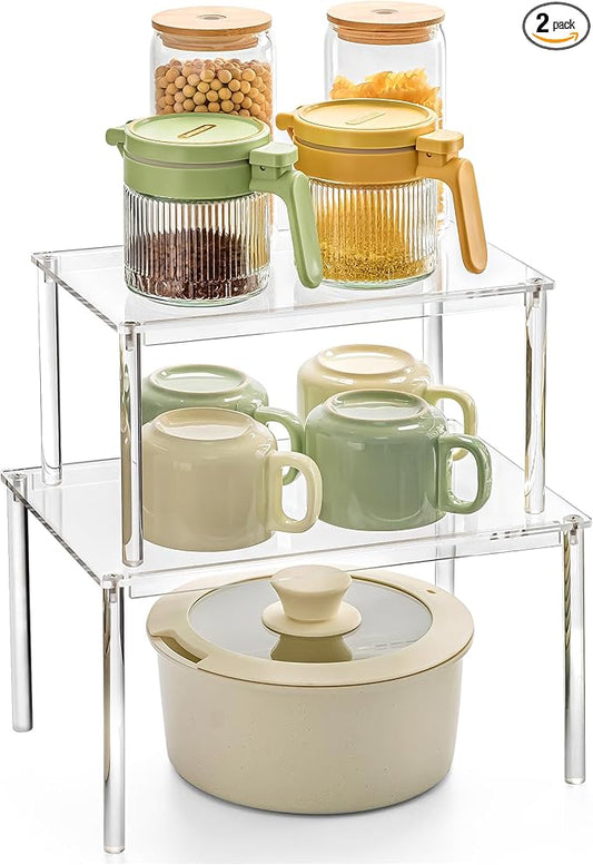Acrylic Cabinet Organizer, Set of 2 Shelf Organizer, Spice Rack Organizer for Cabinet, Desk Countertop Organizer, Stackable Shelves for Pantry Kitchen Storage and Organization