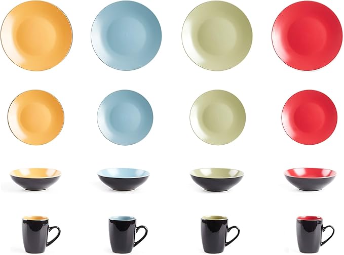 Stoneware Two-Tone Colors Life 16pc Dinnerware Set，Outside Shinny Black + Inside Matte Finished Very Funny - 4 Assorted Colors Turquoise, Olive, Curry and Red