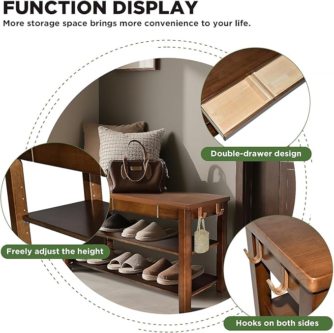 Shoe Storage Bench Wood Entryway: Shoe Rack Bench with Drawer 3-Tiers Height Adjustable,Rustic Wooden Organizer for Front Door Entrance Hallway Living Room,Mudrooms (Walnut 2-Tiers, 39.3")