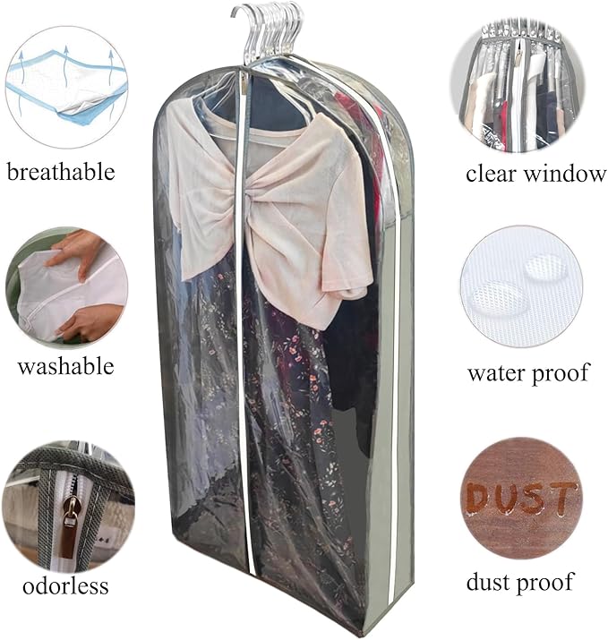 Extra Long Dress Bags for Gowns with 6.3" Gusset, 60" Clear Garment Bags for Hanging Clothes, Dresses Covers and Side Zipper Protector for Storage Clothing, Closet and Travel 3 Packs