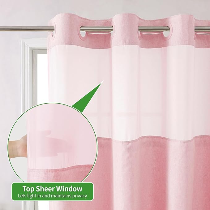 No Hooks Needed Linen Textured Shower Curtain with Snap-in Fabric Liner Set,Hotel Luxury Decor Shower Curtains for Bathroom with Mesh Top Window,Waterproof & Washable,71Wx74H,Pink