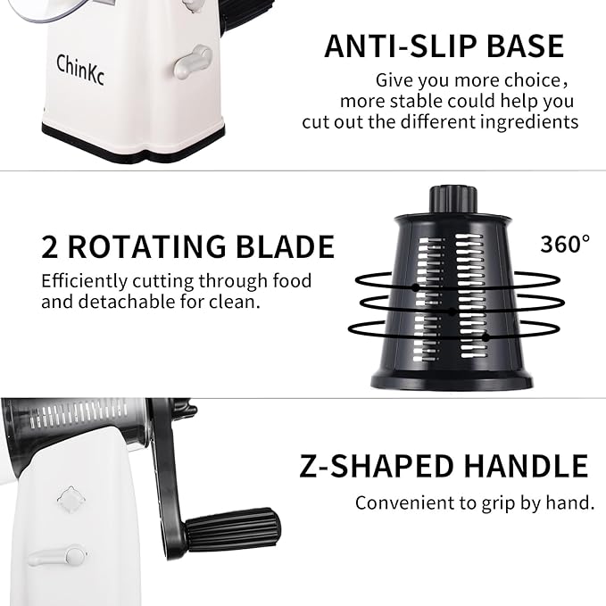 Rotary Cheese Grater Shredder - Upgraded 5 in 1 Cheese Grater with Handle and Strong Suction Base, Multi-purpose Julienne Slicer Ice Shaver Nuts Grinder for Ice, Vegetables, Fruit, Nuts
