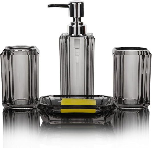 4 Piece Premium Acrylic Bathroom Accessory Set, Hand Sanitizer Bottle, Lotion Can Bathroom Suit, Separate Bottle Soap Box, Mouthwash Cup, Toothbrush Cup (Gray)