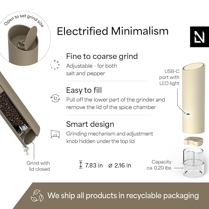 LARS NYSØM Gravity Grinder - Electric Salt & Pepper Grinder Set - USB-C Rechargeable Automatic Spice Grinder, Adjustable Coarseness, One-Handed Operation for Kitchen (Brown/Beige)