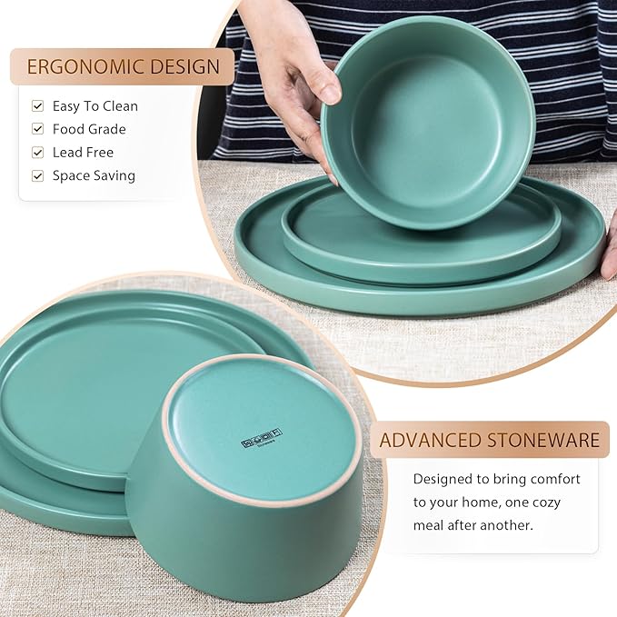 Plates and Bowls Sets for 4 - CJDC-QUELO 16 Piece Stoneware Dinnerware Sets with Mugs, Ceramic Dishware Sets for Kitchen Dining Use, Chip and Scratch Resistant Microwave Dishwasher Safe, Green