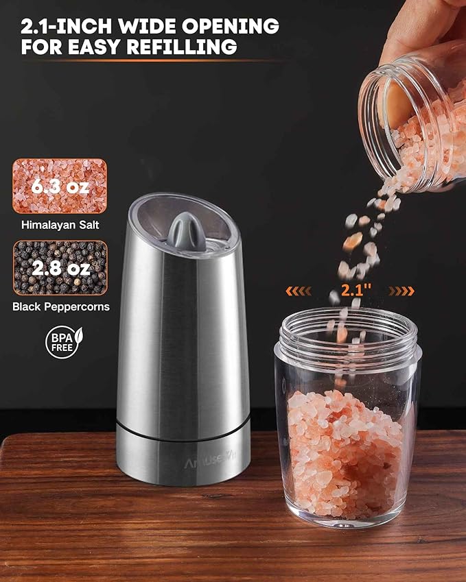 AmuseWit Gravity Electric Salt and Pepper Grinder Set [White Light] - Battery Operated Automatic Pepper and Salt Mills,Adjustable Coarseness,One-Handed Operation,Stainless Steel