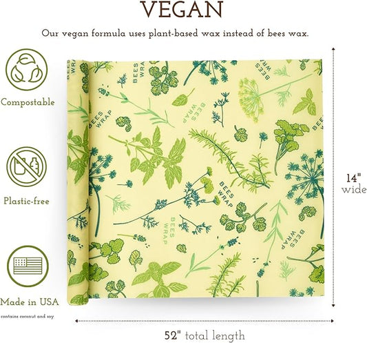 Bee's Wrap Vegan Beeswax Wraps for Food - Cut to Size 14x52" Wax Paper Roll - Made in USA Reusable Waxed Paper Bowl Covers, Organic Eco-Friendly Alternative to Aluminum Foil, Herb Garden