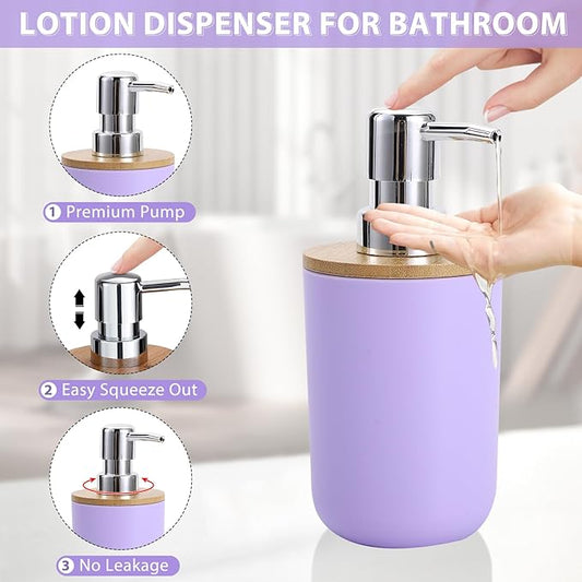 iMucci Bathroom Accessories Set 5Piece Light Purple Bathroom Sets, Toothbrush Holder, Toothbrush Cup, Lotion Soap Dispenser, Soap Dish and Qtip Holder Bathroom Decor