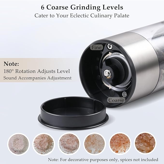 Electric Salt and Pepper Grinder, USB Rechargeable, Automatic Salt and Pepper Shaker, Adjustable Coarseness, Electric Pepper Mill, LED Light, Refillable, Kitchen Gadget (1-Pack, Stainless Steel)