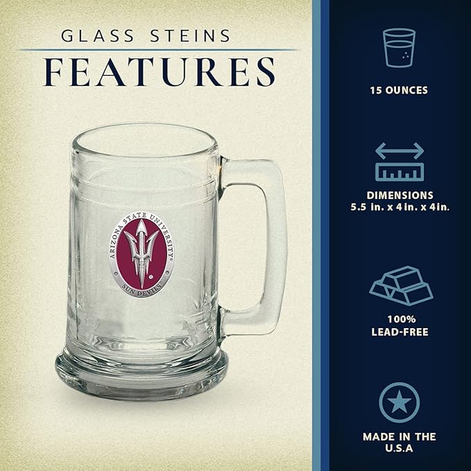 Heritage Pewter Arizona State Beer Stein Glass | 15 Ounce German-Style Beer Glass | Intricately Crafted Metal Pewter Alma Mater Inlay