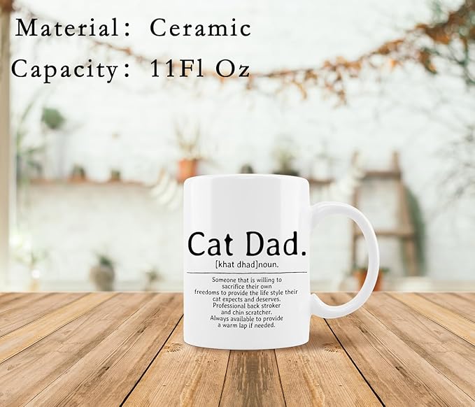 QUICQOD Cat Dad Gifts: Coffee Mug, Cat Lovers Ceramic Cup, 11 Oz White Mug