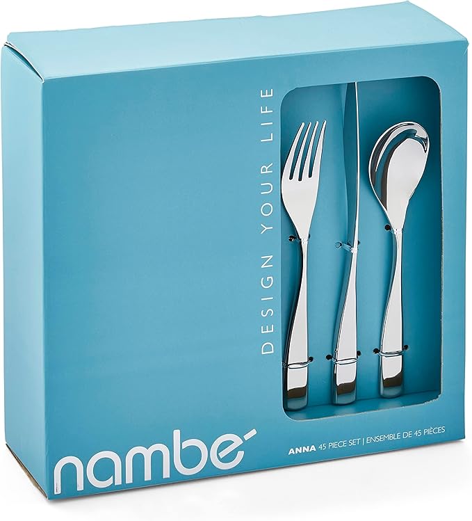 Nambé Anna Flatware Set by Lou Henry – 45-Piece, Stainless Steel Silverware for 8 with Serving Tools – Contemporary Tapered Handles & Flower Cutout Design, Easy to Maintain & Built for Everyday Use