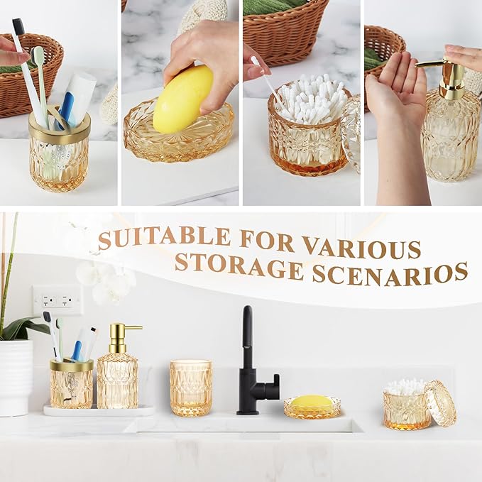 Bathroom Accessories Set, 5Pcs Gold Glass Bathroom Accessories Set with Gold Soap Dispenser, Soap Dish, Toothbrush Holder, Tumbler, Cotton Swab Jars