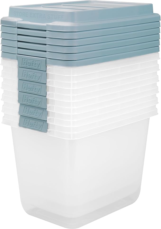 Hefty HI-RISE 32 Qt Stackable Storage Bins with Lids – 6 Pack Clear Plastic Under Bed Storage Containers, Shoe Organizer Boxes with XL Lid-Locking Latches, Comfort-Grip Handles, Durable Double Rim