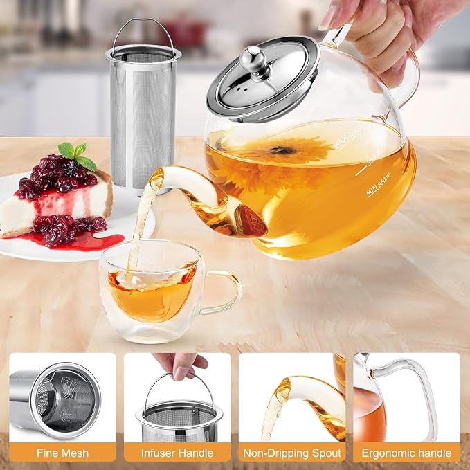 Glass Teapot, 33oz / 1000ml Teapot with Removable Infuser, Clear Tea Pot for Loose Leaf Tea and Blooming Tea, Stovetop Safe Glass Tea Kettle with Scale Line and Tea Brewer Guide
