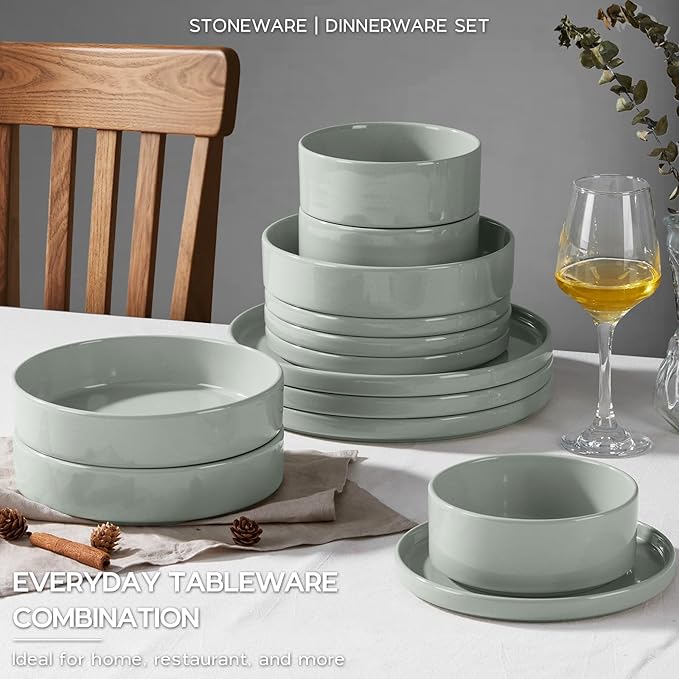 Onader Speckled Dinnerware Set for 4 with Pasta Bowl, 16 Piece Stoneware Plates and Bowls Dishes Set, Microwave & Dishwasher Safe – Pale Sage Green