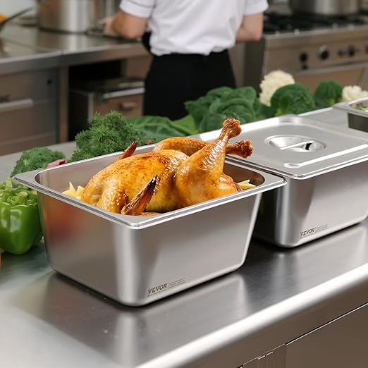 VEVOR 2 Pack Stainless Steam Hotel Pans, 1/2 Size Table Steam Pans With Lids, 6 Inch Deep, Anti Jam Restaurant Supplies Reusable Catering Storage for Home, Party, Restaurant, Hotel, Buffet