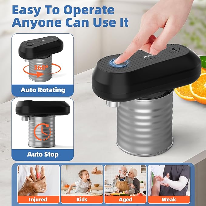 Auto Stop Can Opener, USB Rechargeable Electric Can Opener for Seniors & Arthritis, One-Touch Automatic Can Opener, Hands-Free, Smooth Edge, Compact, Cordless, Food-Safe Kitchen Gadgets