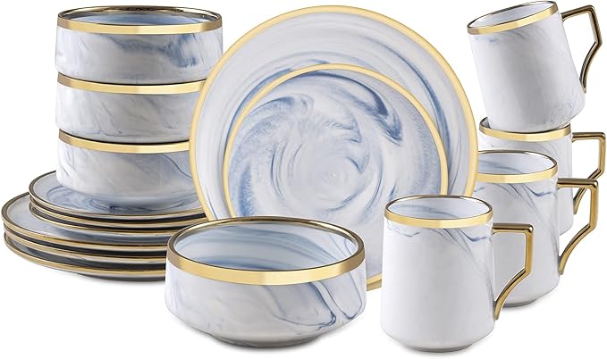 Fine China Artisan Marbled 16pc Dinner Set, Blue with Gold